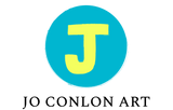 Jo Conlon Art logo - a chunky fluorescent yellow J on a round blue background
