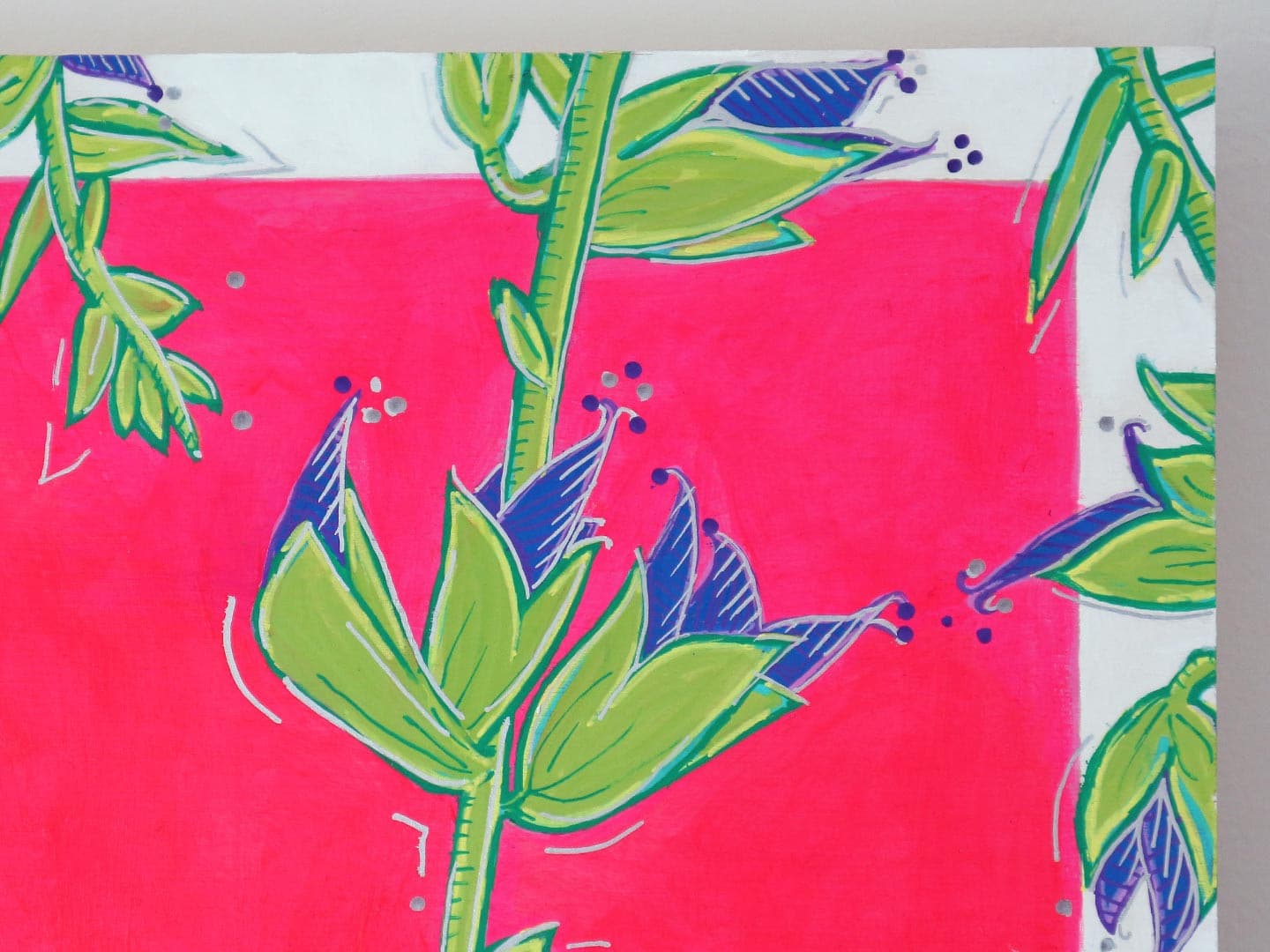 Corner of "Sweet sage": A bold botanical painting featuring sage with purple flowers set against a vibrant neon pink background 