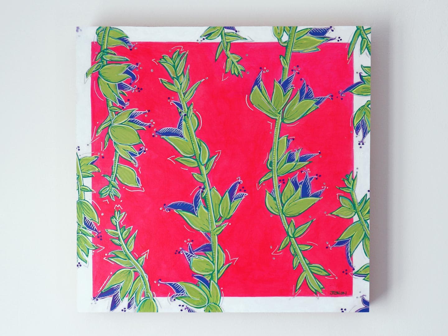 "Sweet sage": A bold botanical painting featuring sage with purple flowers set against a vibrant neon pink background hung on a white wall